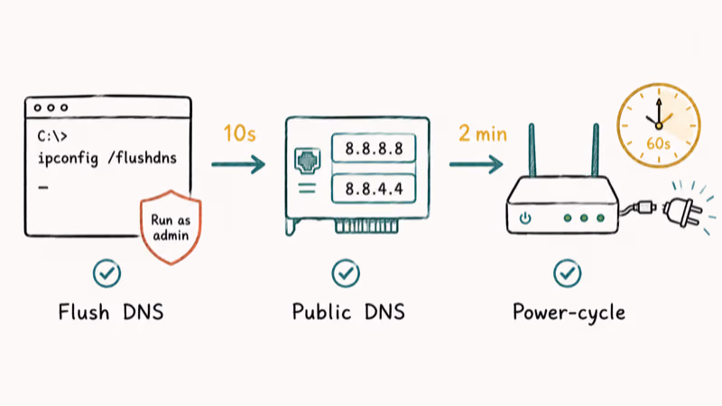 Three-step quick fix flow for Steam Error 105 flush DNS swap public DNS power-cycle router