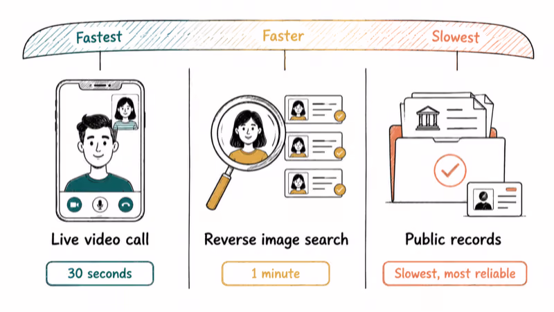 Three-column comparison of online identity verification methods ranked by speed video call reverse image search and public records.