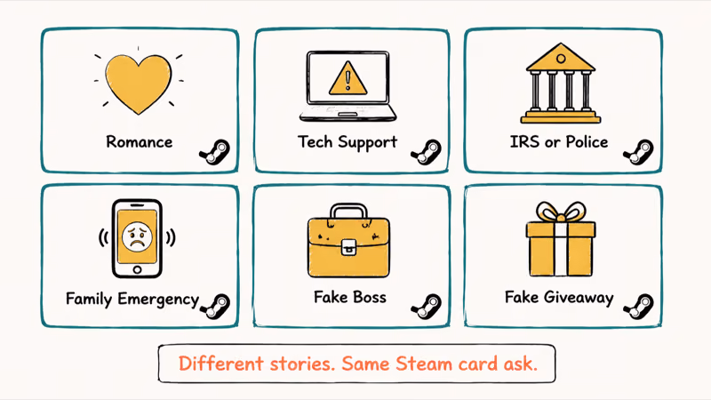 Six hand-drawn cards illustrating common Steam gift card scam variations including romance, tech support, IRS, family, boss, and