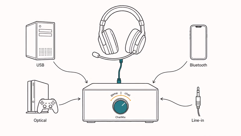 GameDAC base station accepting USB optical Bluetooth and line-in sources mixed by ChatMix dial to headset