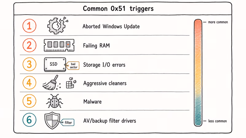 Ranked list of six common causes for the 0x00000051 REGISTRY_ERROR ordered from most to least frequent.