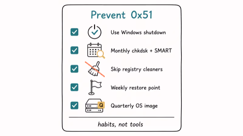 Five-item habit card listing prevention steps that reduce future Stop 0x00000051 REGISTRY_ERROR blue screens.