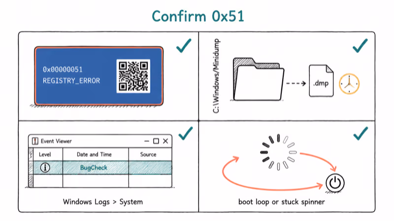 Four-quadrant visual checklist of symptoms confirming a Stop 0x00000051 REGISTRY_ERROR blue screen on Windows.