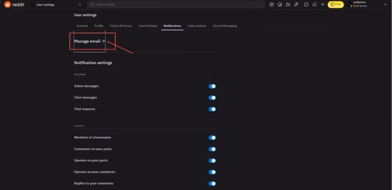 Manage Email on Reddit