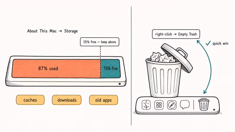 Mac storage gauge showing fifteen percent free space threshold and Trash emptying step.