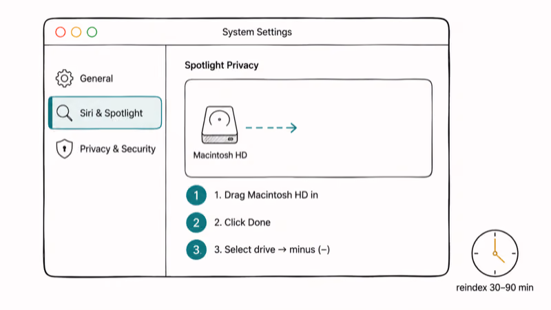 macOS System Settings showing Spotlight Privacy steps to add and remove startup drive.