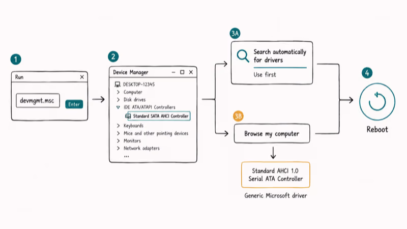 Hand drawn Device Manager flow showing how to update the AHCI driver and use the Standard AHCI fallback.