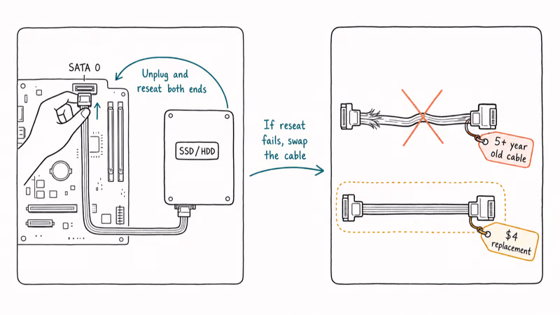 Hand drawn illustration showing how to reseat a SATA data cable and swap a worn cable for a