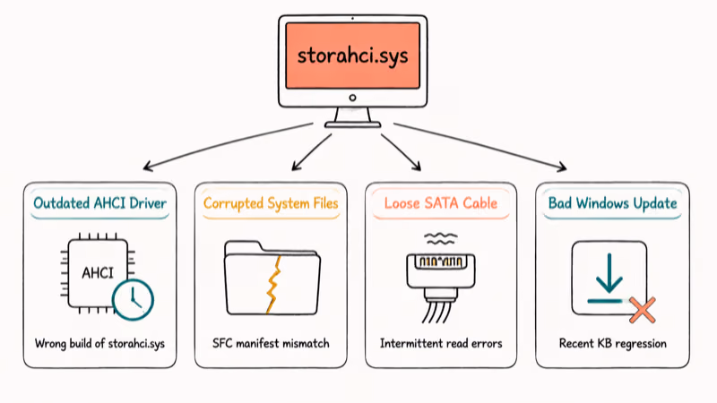 Hand drawn diagram showing four root causes of the storahci.sys blue screen on Windows.