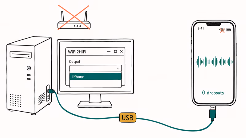 Windows PC connected to an iPhone with a USB cable streaming audio without Wi-Fi.