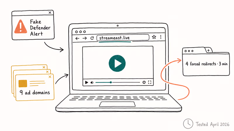 Sketch of browser player surrounded by malware popups, redirect arrows, and ad domain count.
