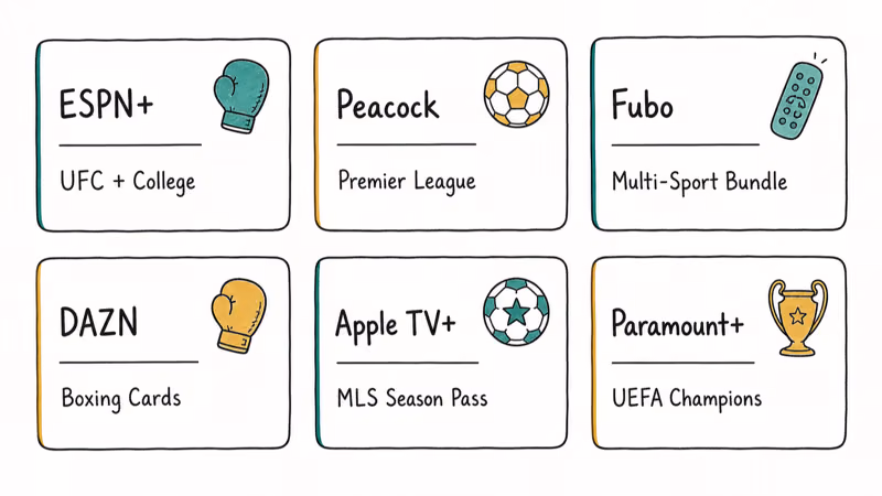 Six labeled cards mapping each licensed sports streaming service to its primary league.