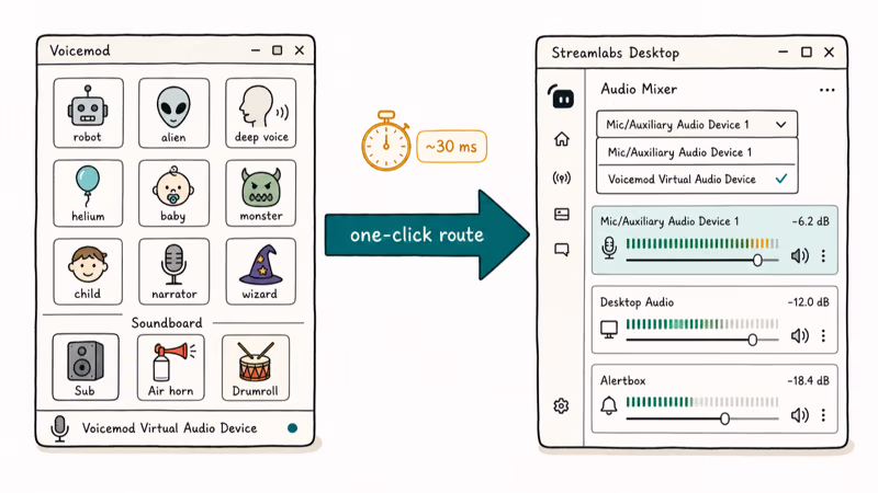 Voicemod virtual audio device routing into Streamlabs with preset grid and soundboard.