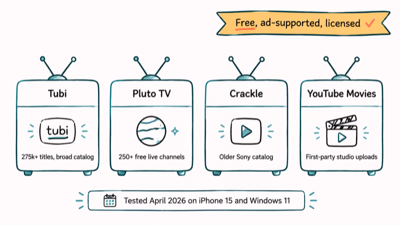 Hand-drawn comparison of four free legal streaming services Tubi Pluto TV Crackle and YouTube