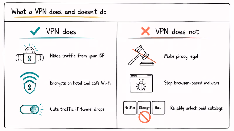 Hand-drawn ledger showing what a VPN does versus does not do for streaming privacy