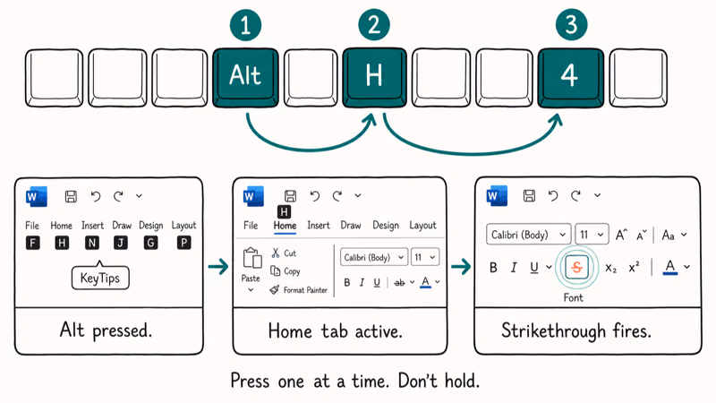 Hand-drawn keyboard showing the Alt then H then 4 ribbon sequence in Microsoft Word.