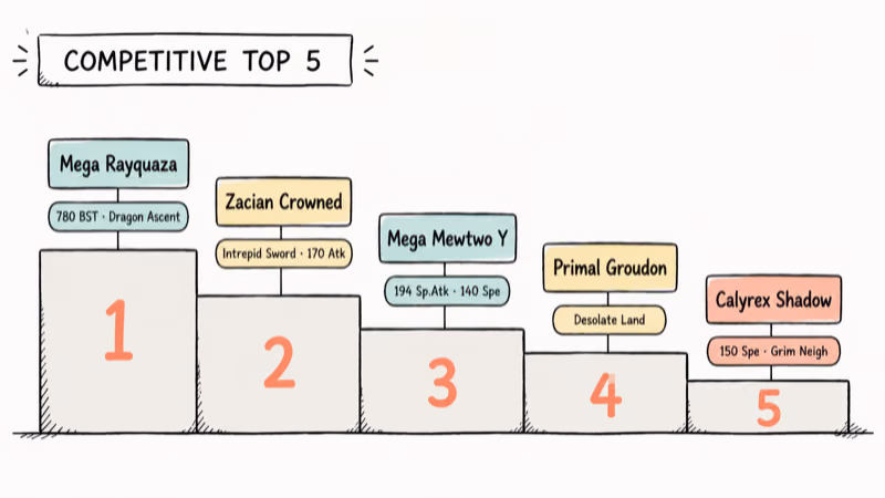 Ranked podium of five competitive Pokemon with signature stat callouts in hand-drawn notion style chart.