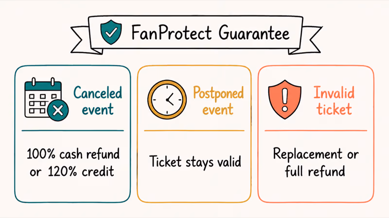Hand-drawn diagram of three StubHub refund buckets covering canceled, postponed, and invalid ticket scenarios under FanProtect.