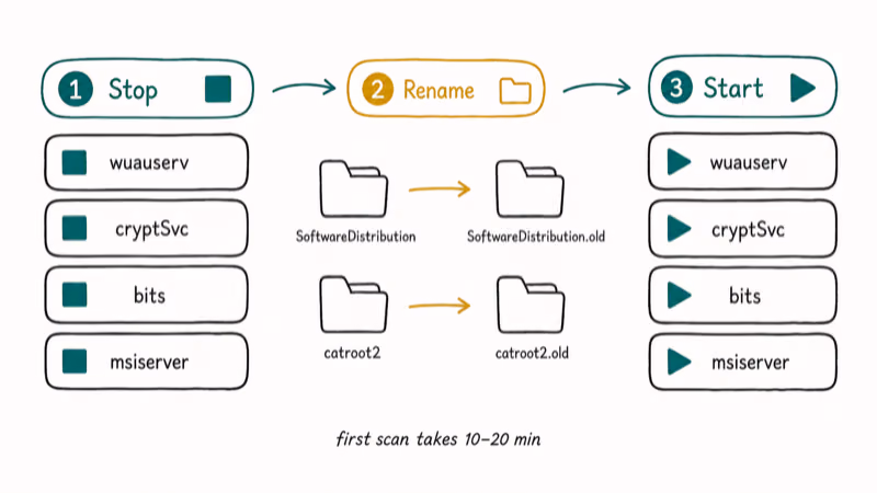 Flowchart showing stop services rename SoftwareDistribution catroot2 folders then restart Windows Update services.