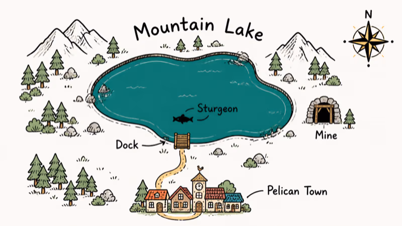 Hand-drawn map showing Mountain Lake location north of Pelican Town with dock marker