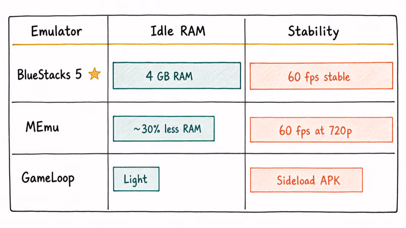 Bar chart comparing BlueStacks MEmu and GameLoop emulators by RAM usage and frame rate stability
