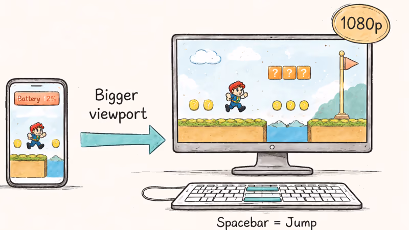 Side by side comparison of Super Mario Run on a phone screen and a desktop monitor