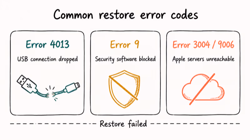 Three iPhone restore error codes 4013, 9, and 3004 with their causes and quick fixes.