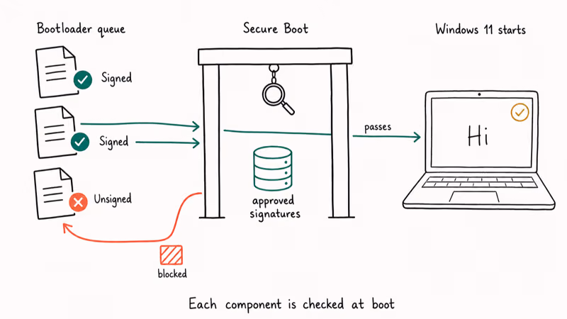 Flowchart of Surface Book 3 Secure Boot verifying signed bootloaders and rejecting unsigned files before Windows starts