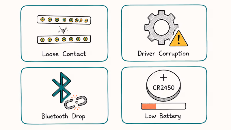 Four common Surface keyboard failure causes shown as connector, driver, Bluetooth, battery icons