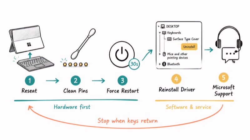 Five-step hand-drawn escalation path from reseat and clean to driver reinstall and Microsoft support