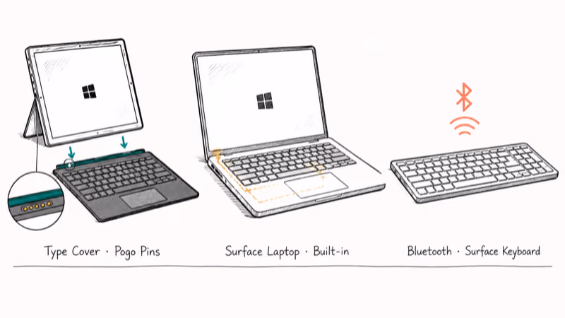 Hand-drawn comparison of Surface Type Cover, built-in laptop keyboard, and Bluetooth keyboard models