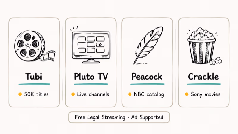 Four free legal streaming services Tubi Pluto TV Peacock and Crackle shown as labeled cards
