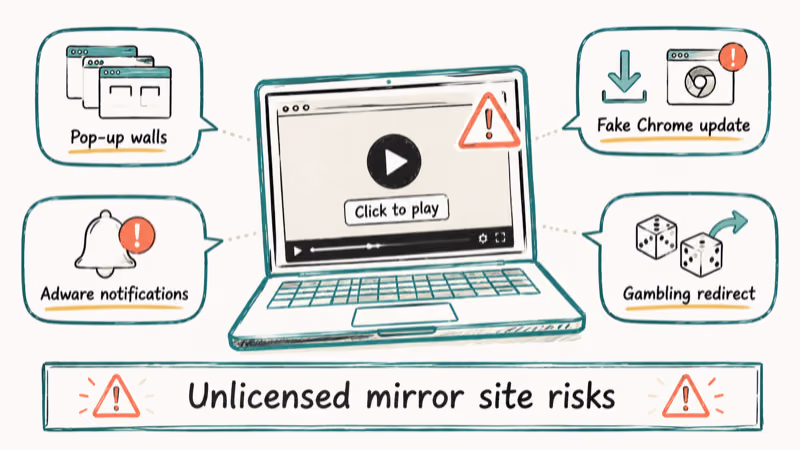Warning illustration showing popup walls fake updates gambling redirects and adware risks of mirror streaming sites