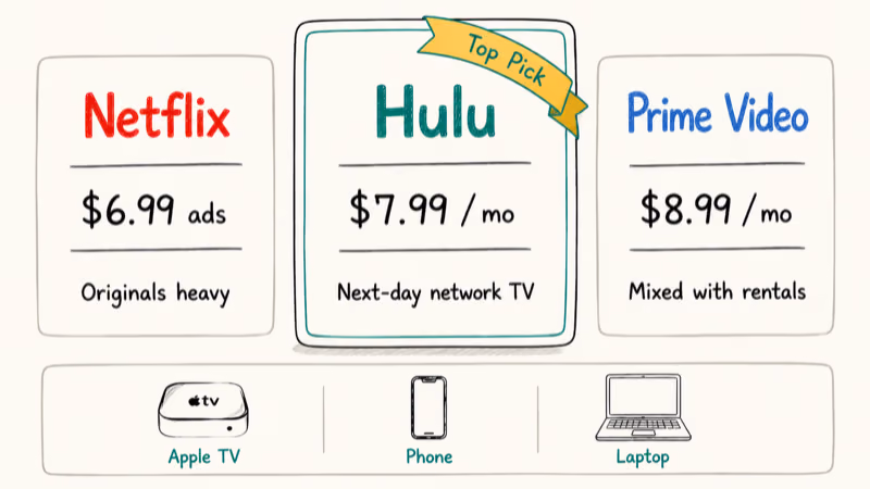 Three paid streaming services Hulu Netflix and Amazon Prime Video compared by price and catalog