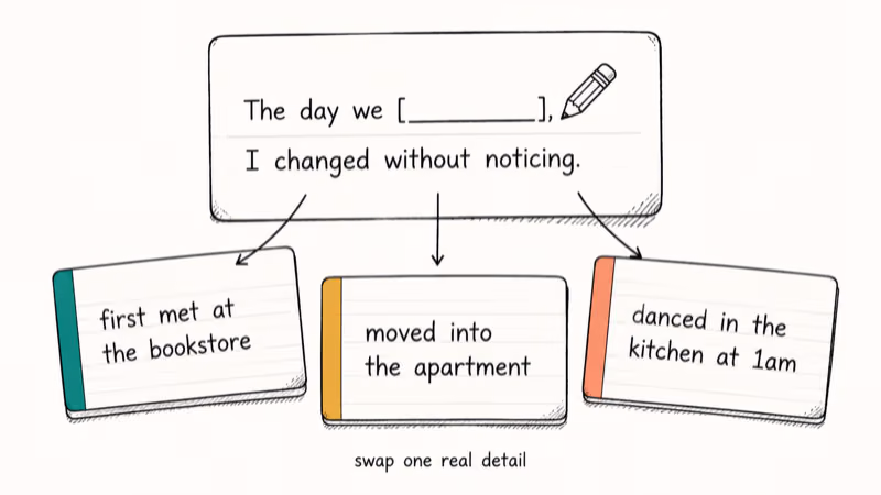 A template card with a blank slot fans out into three filled personal example cards with a pencil