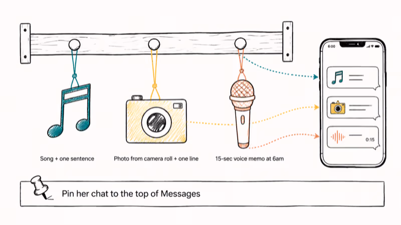 A toolkit shelf shows song photo and voice memo alternatives with a pin chat tip below.