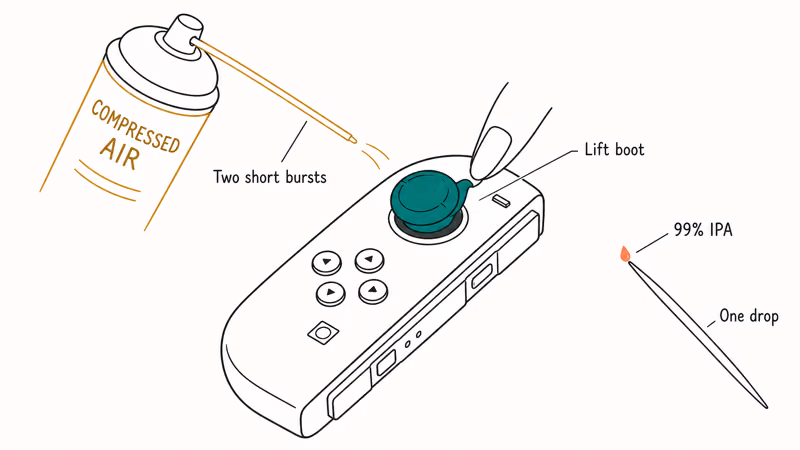 Compressed air can and toothpick with alcohol drop applied under lifted Joy-Con rubber boot