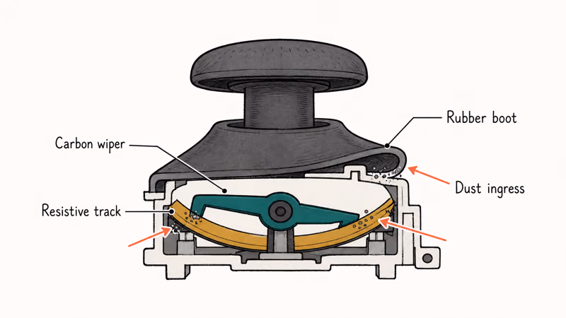 Cross-section illustration of Switch Joy-Con potentiometer stick showing carbon wiper sliding across resistive track