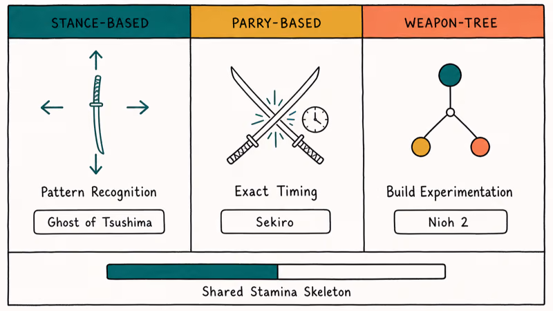 Three column comparison of stance based parry based and weapon tree PS4 combat systems