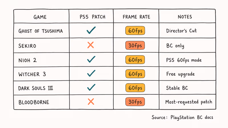 Compatibility matrix showing which PS4 sword games support PS5 sixty frames per second