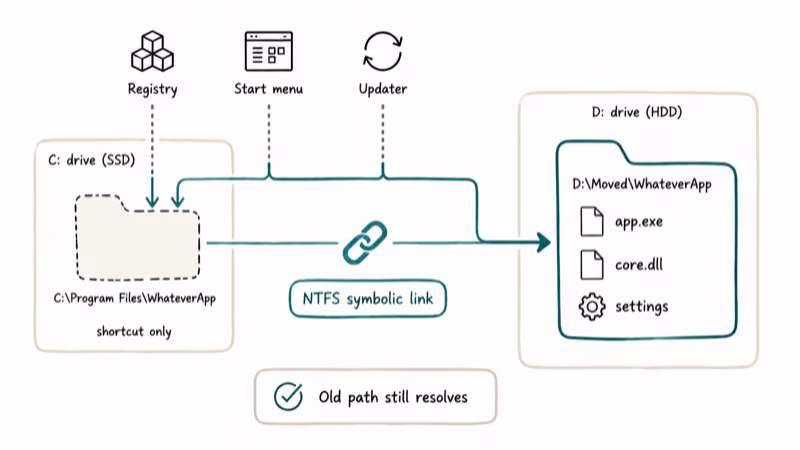Diagram showing NTFS symbolic link redirecting registry and shortcut calls from C drive to D drive