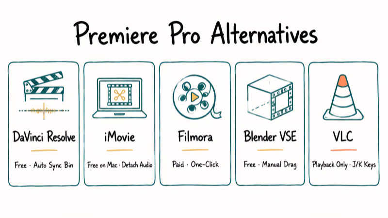 Hand-drawn comparison row of DaVinci Resolve, iMovie, Filmora, Blender, and VLC as Premiere alternatives
