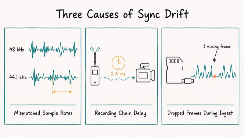 Three hand-drawn panels showing mismatched sample rates, recording chain delay, and dropped frames as drift causes