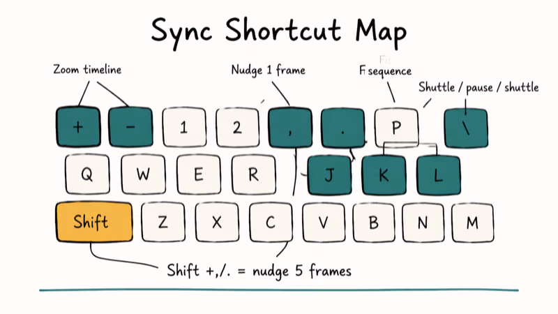 Hand-drawn keyboard map highlighting plus minus comma period backslash and J K L sync shortcut keys