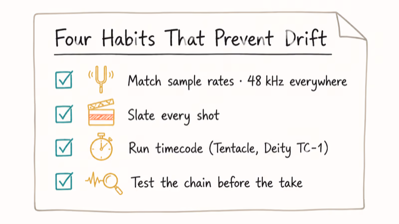 Hand-drawn checklist showing four habits to prevent audio video sync drift on set