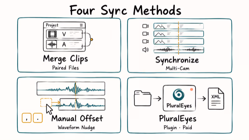 Four hand-drawn cards showing Merge Clips, Synchronize, manual offset, and PluralEyes as sync methods