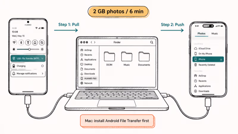 Huawei phone laptop and iPhone connected by USB cables with folder transfer steps labeled one and two.