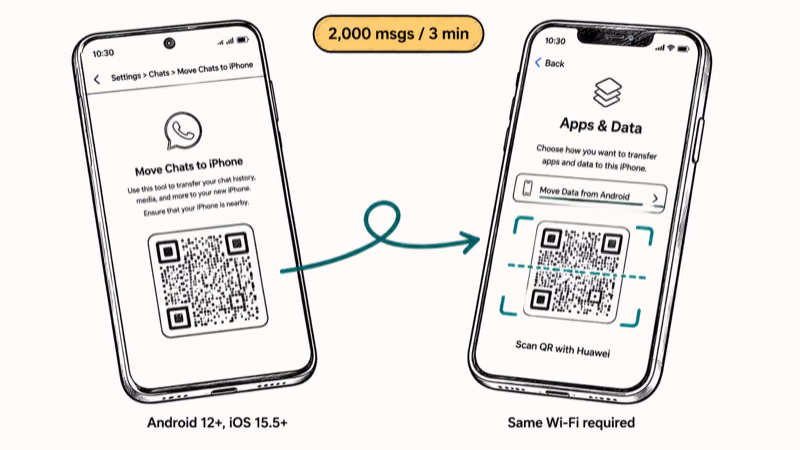 Huawei phone showing WhatsApp QR code with iPhone scanning it during Apps and Data setup screen.