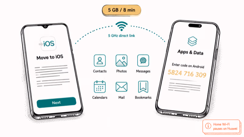 Two hand-drawn phones forming wireless Move to iOS link with 10-digit code and transfer data types.