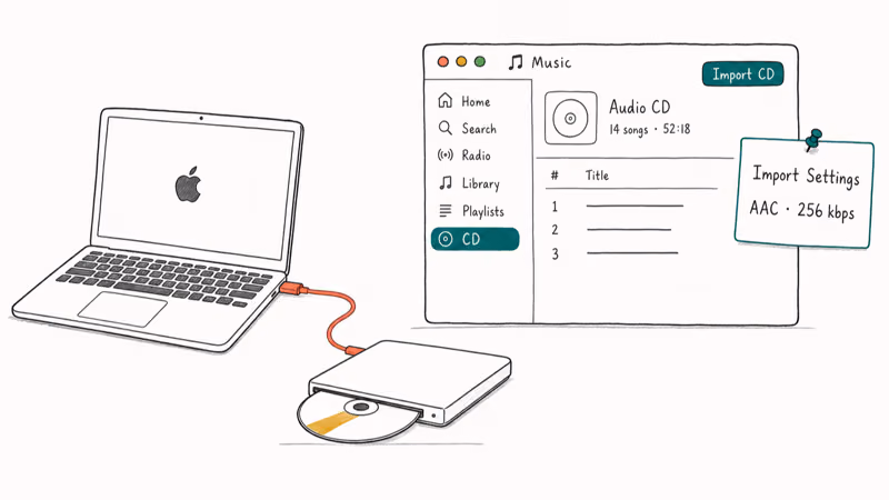 Hand-drawn MacBook with external CD drive ripping a disc using Apple Music import settings